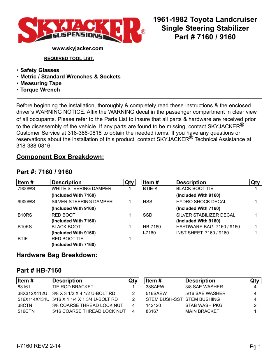 Skyjacker 9160 User Manual | 4 pages