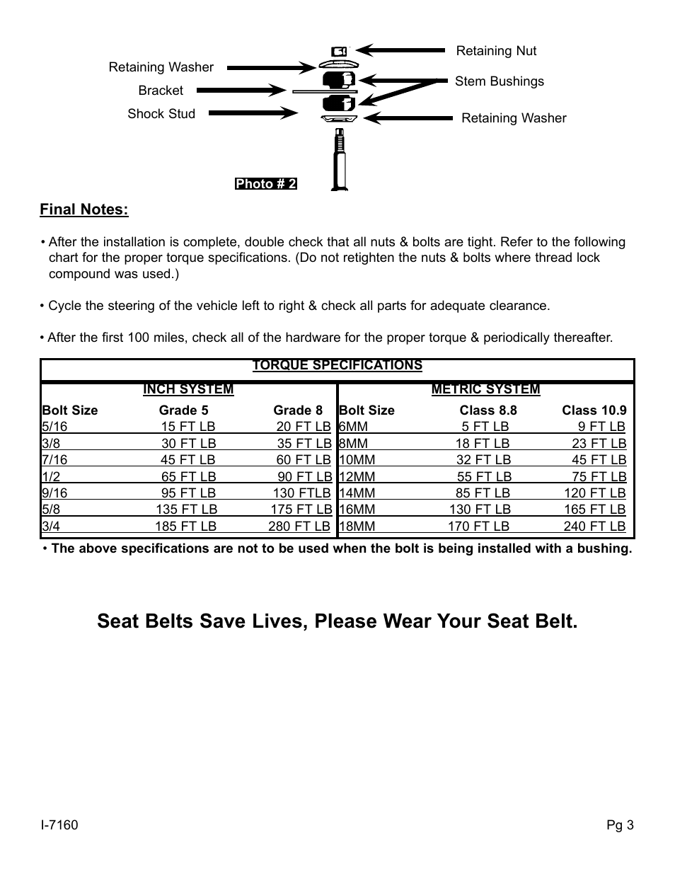 Seat belts save lives, please wear your seat belt | Skyjacker 9160 User Manual | Page 3 / 4