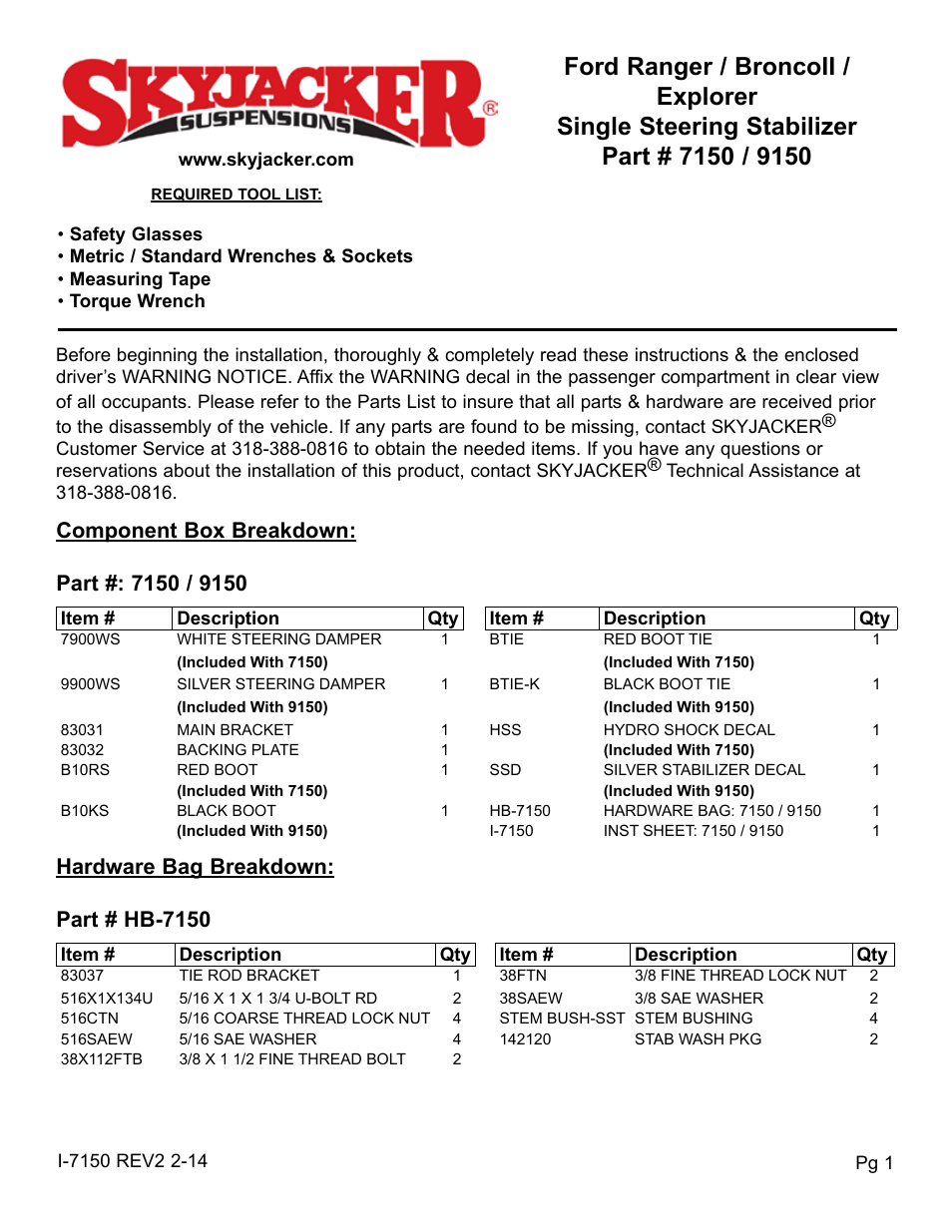 Skyjacker 9150 User Manual | 4 pages