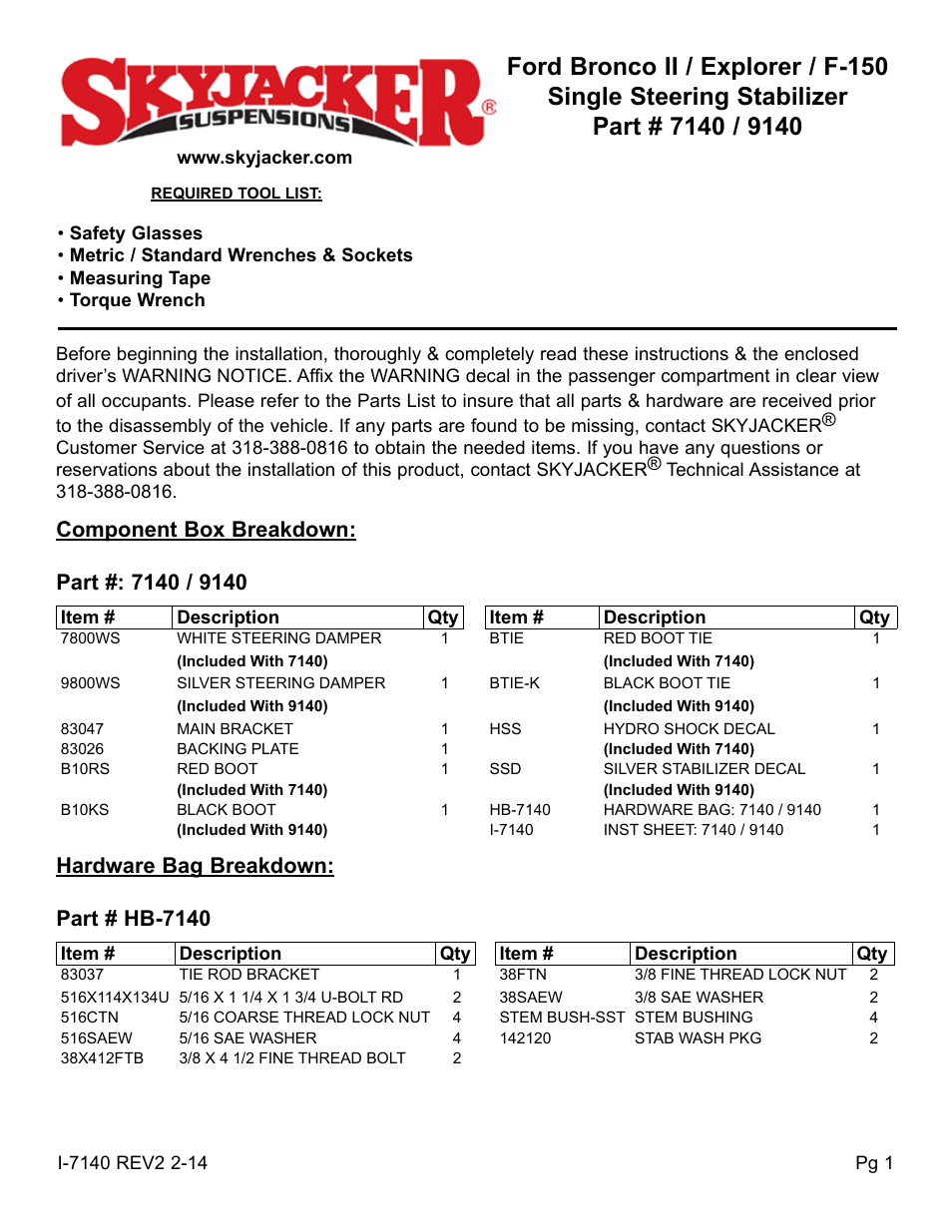 Skyjacker 9140 User Manual | 4 pages