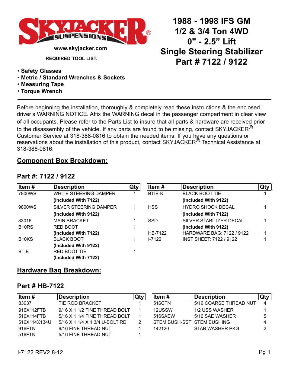 Skyjacker 9122 User Manual | 4 pages