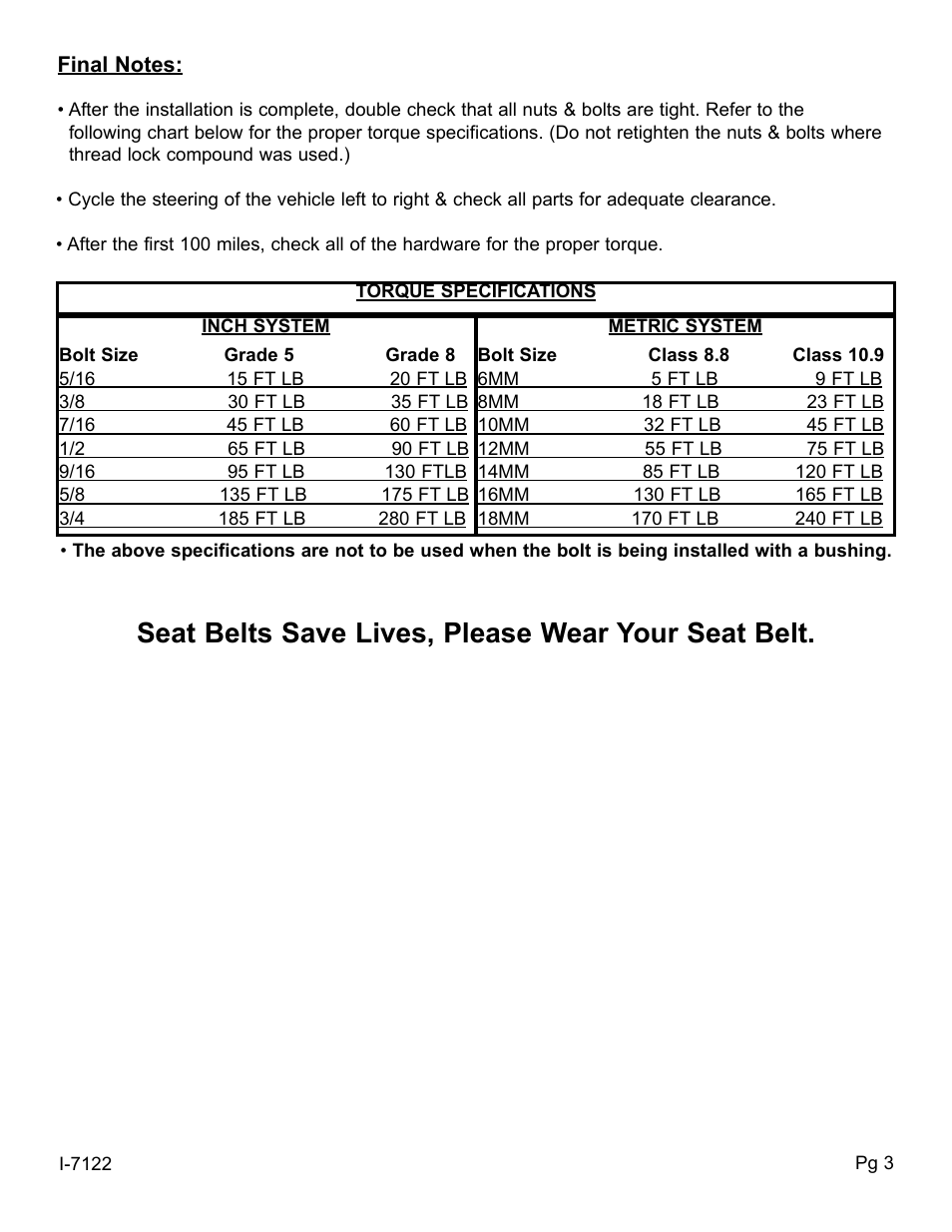 Seat belts save lives, please wear your seat belt | Skyjacker 9122 User Manual | Page 3 / 4