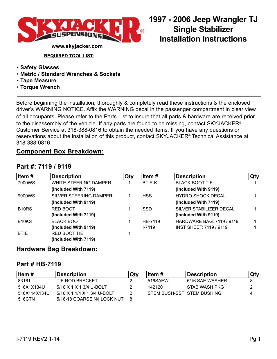 Skyjacker 9119 User Manual | 4 pages
