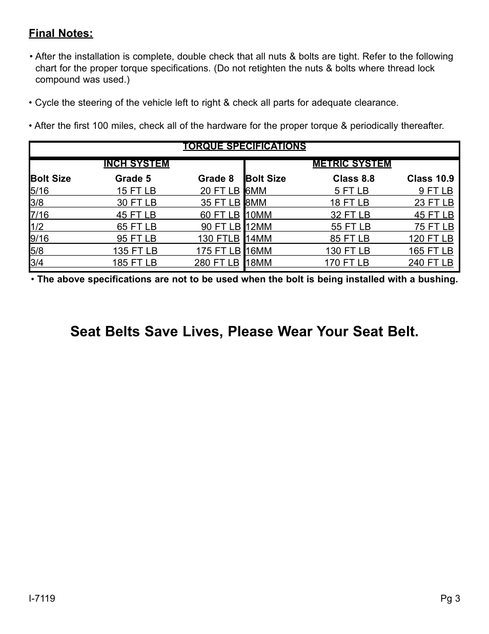 Seat belts save lives, please wear your seat belt | Skyjacker 9119 User Manual | Page 3 / 4