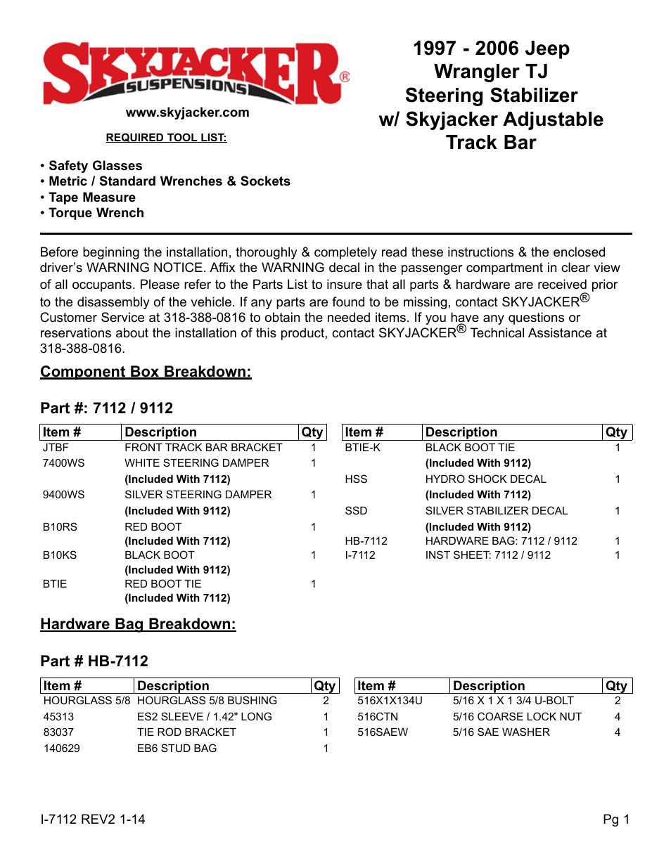 Skyjacker 9112 User Manual | 4 pages