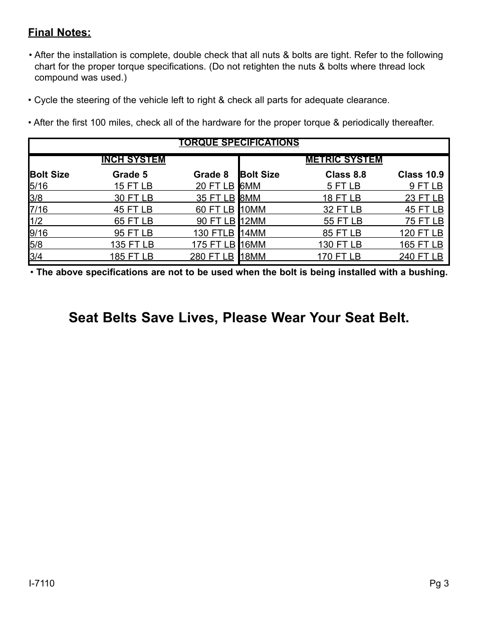 Seat belts save lives, please wear your seat belt | Skyjacker 9110 User Manual | Page 3 / 4