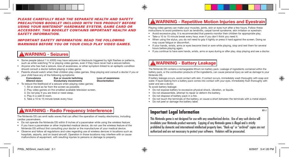 Important legal information, Warning - repetitive motion injuries and eyestrain, Warning - seizures | Disney Interactive Studios Nintendo DS NTR-YPRE-USA User Manual | Page 2 / 7