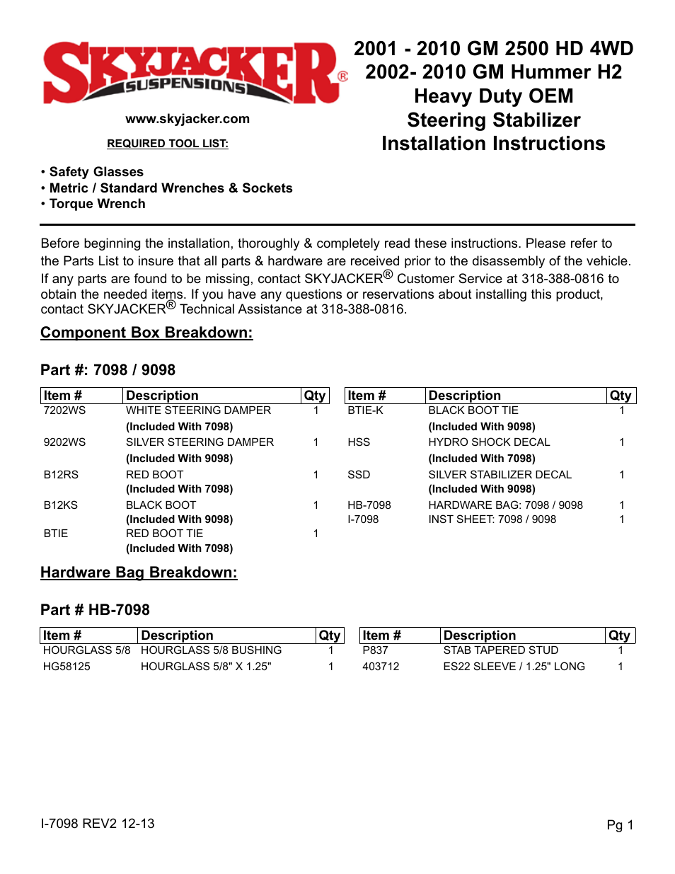 Skyjacker 9098 User Manual | 2 pages