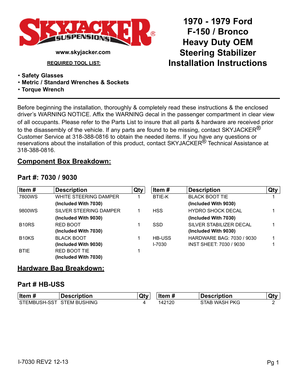 Skyjacker 9030 User Manual | 2 pages