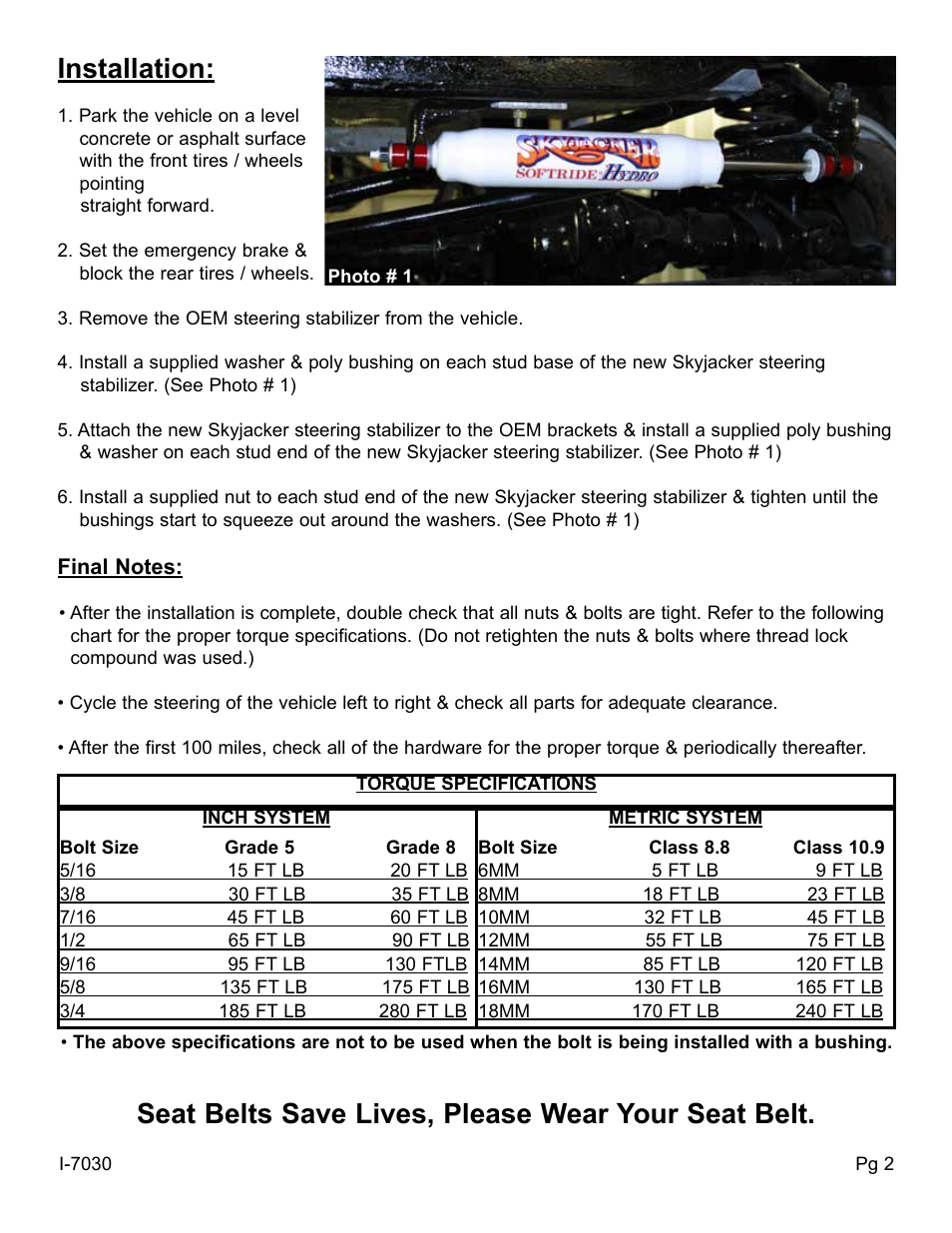 Installation, Seat belts save lives, please wear your seat belt | Skyjacker 9030 User Manual | Page 2 / 2