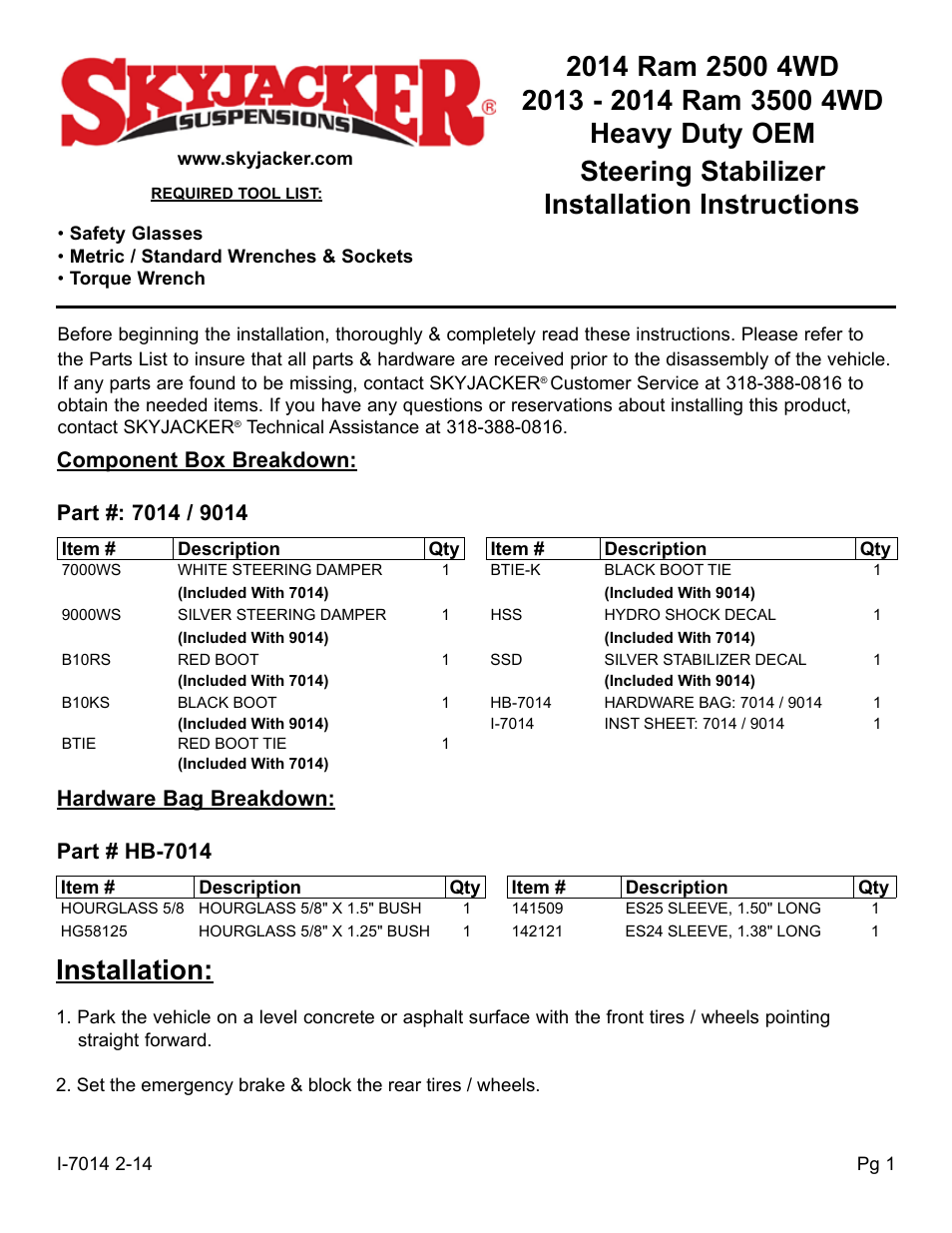 Skyjacker 9014 User Manual | 2 pages