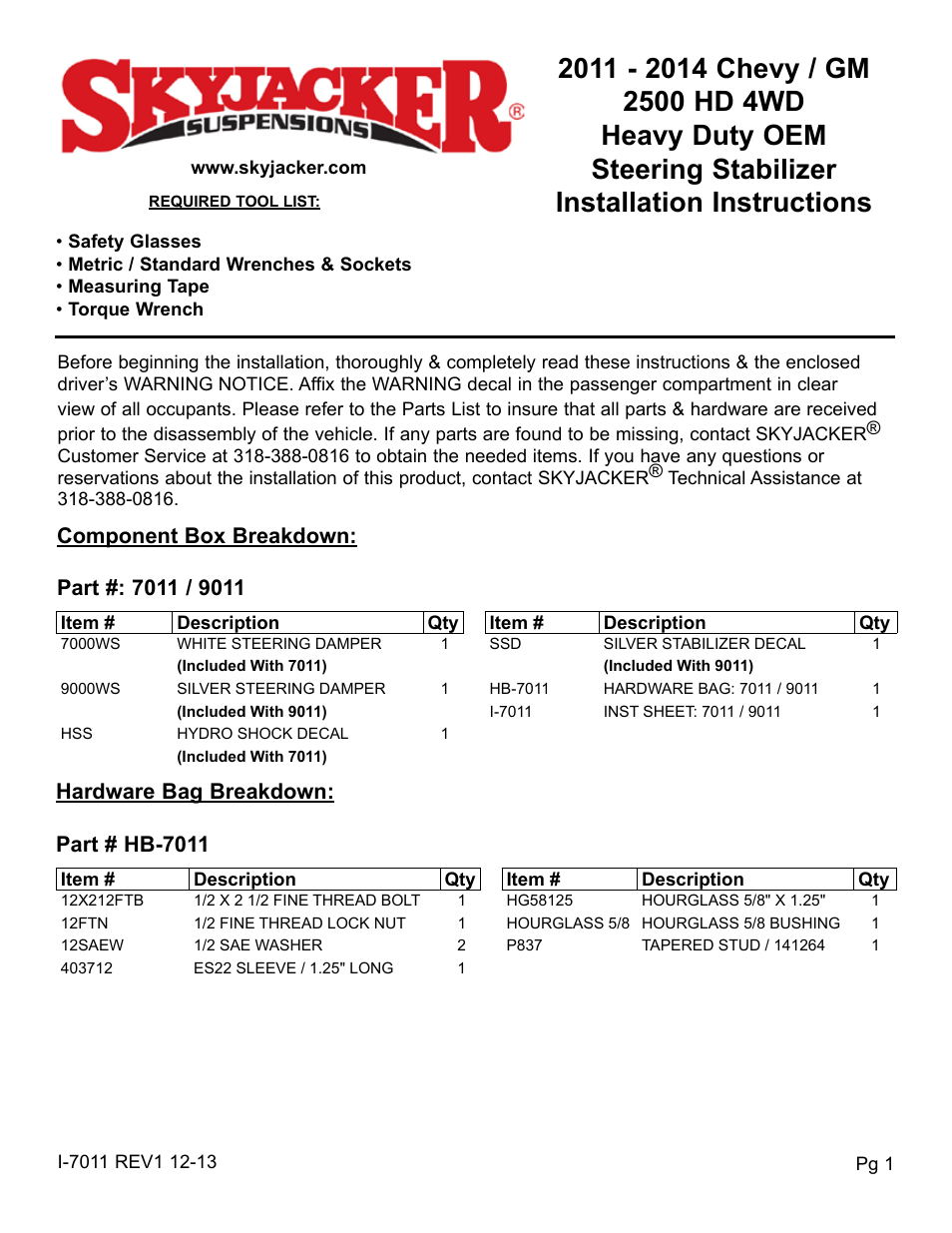 Skyjacker 7011 User Manual | 4 pages