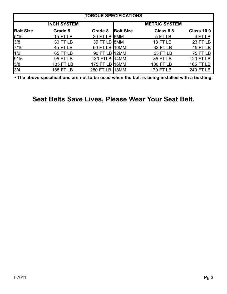 Seat belts save lives, please wear your seat belt | Skyjacker 7011 User Manual | Page 3 / 4