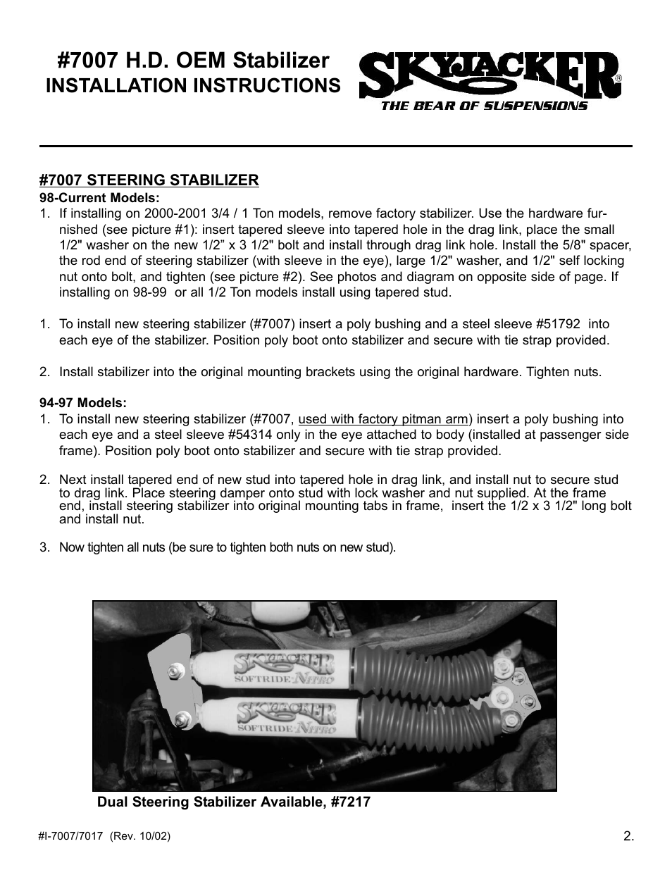 7007 h.d. oem stabilizer, Installation instructions | Skyjacker 7017 User Manual | Page 2 / 2
