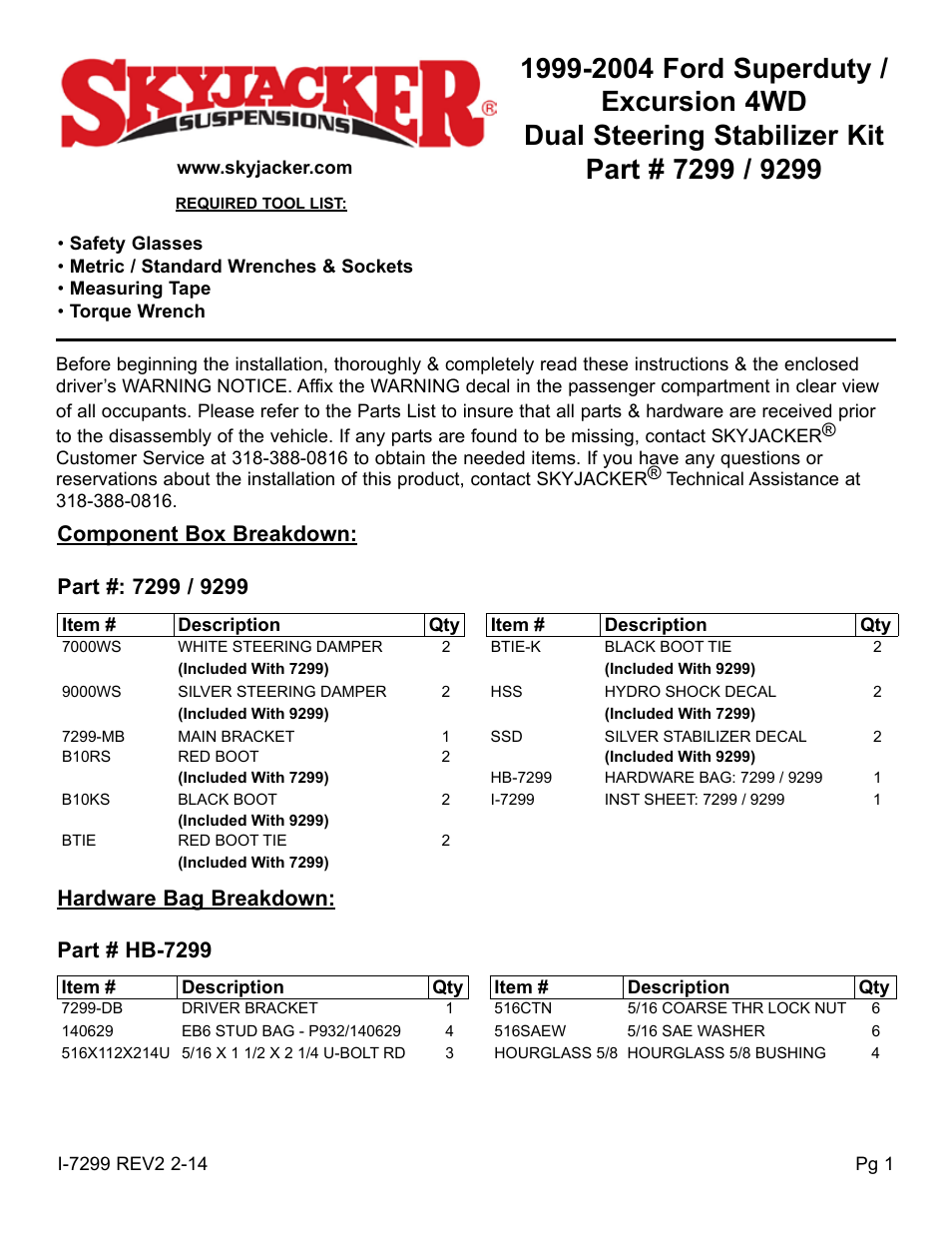 Skyjacker 7299 User Manual | 4 pages