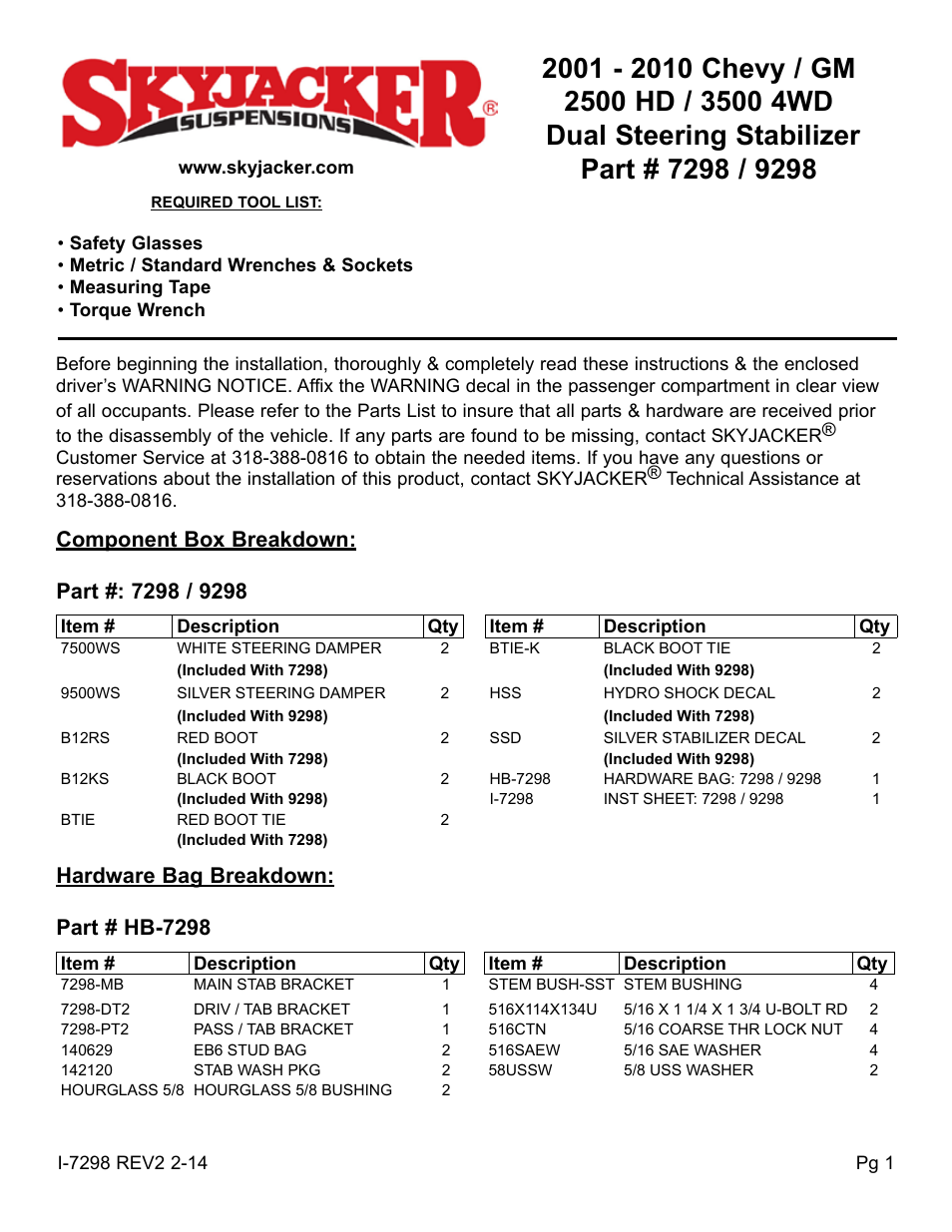 Skyjacker 9298 User Manual | 4 pages