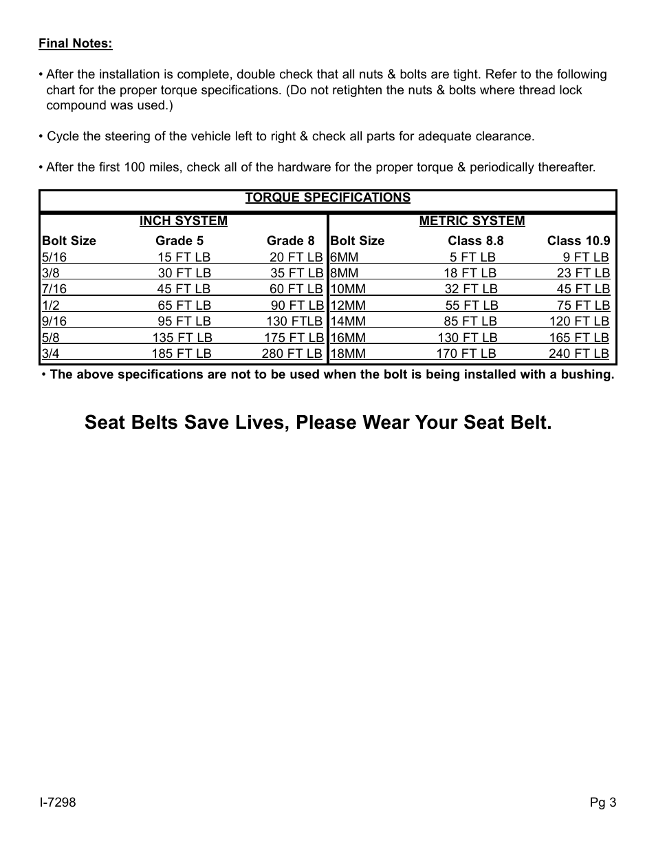 Seat belts save lives, please wear your seat belt | Skyjacker 9298 User Manual | Page 3 / 4