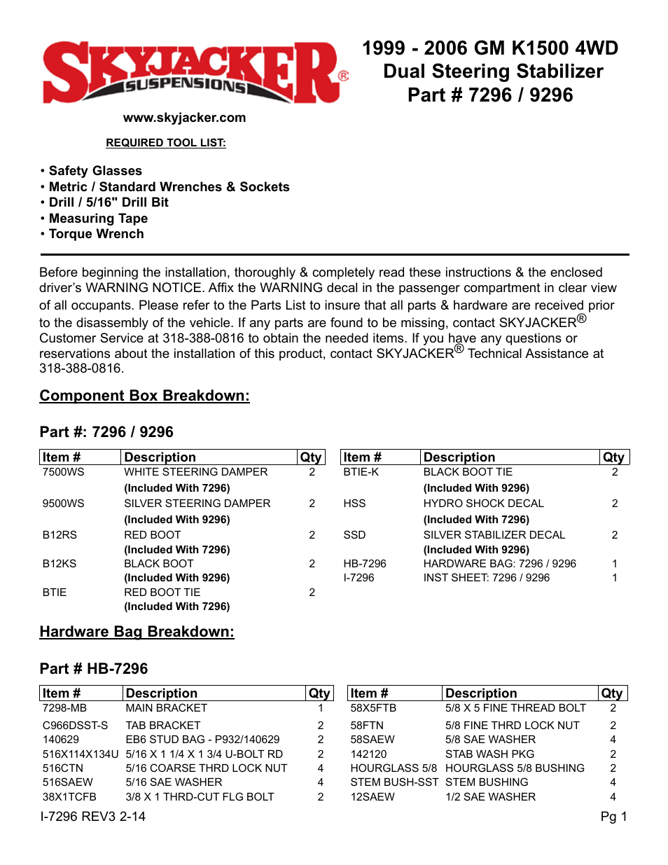 Skyjacker 9296 User Manual | 4 pages