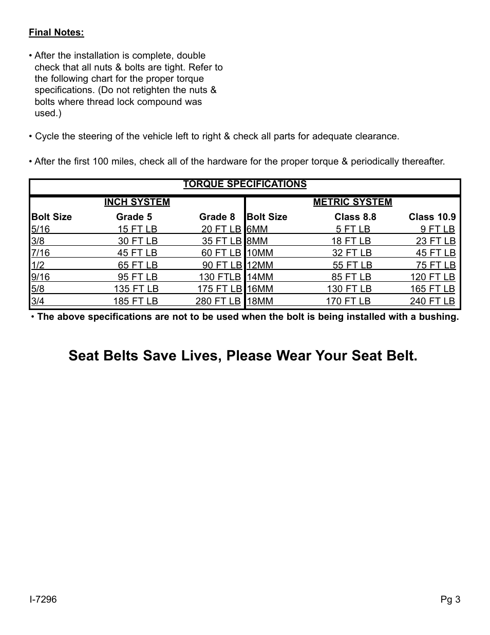 Seat belts save lives, please wear your seat belt | Skyjacker 9296 User Manual | Page 3 / 4