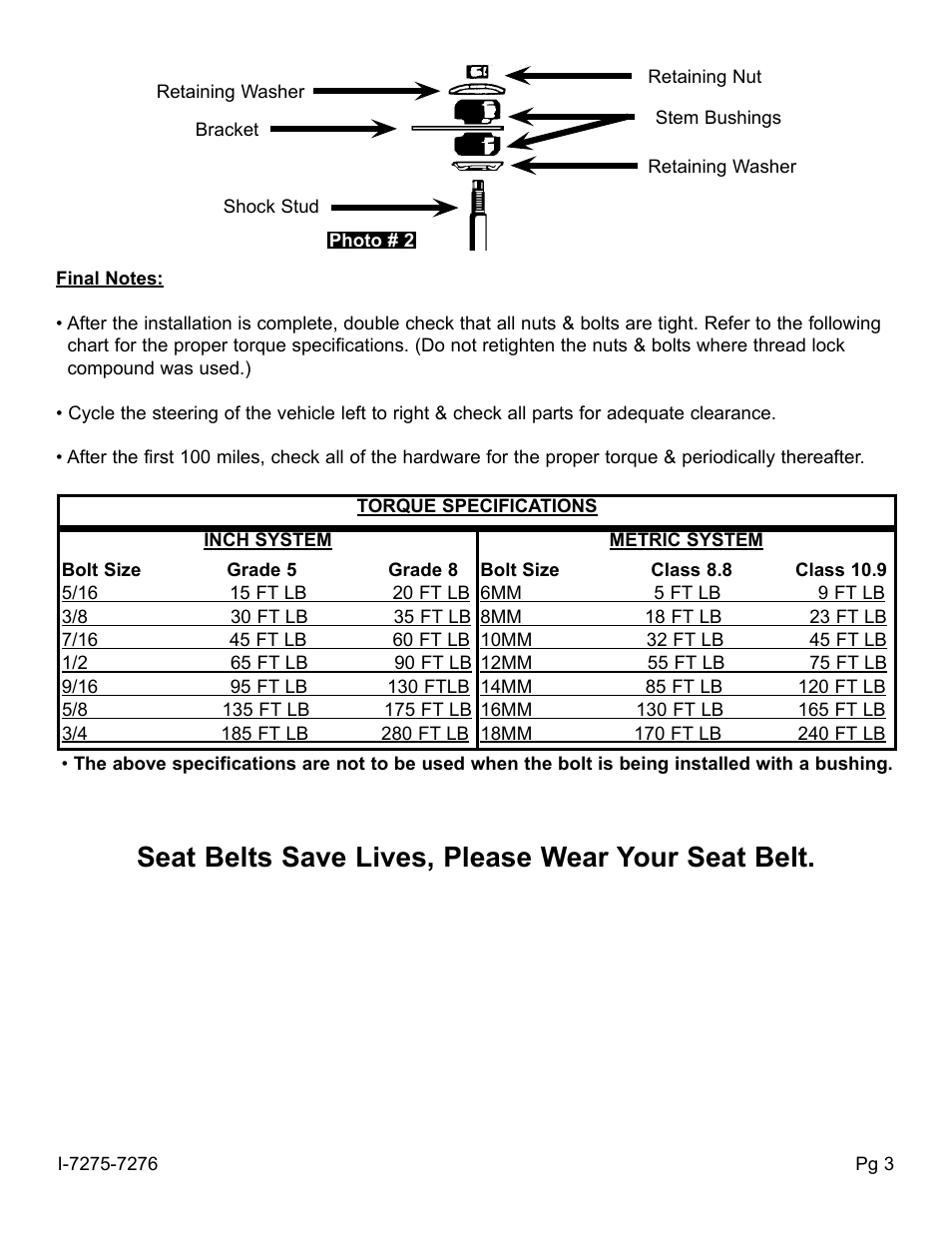 Seat belts save lives, please wear your seat belt | Skyjacker 9276 User Manual | Page 3 / 4