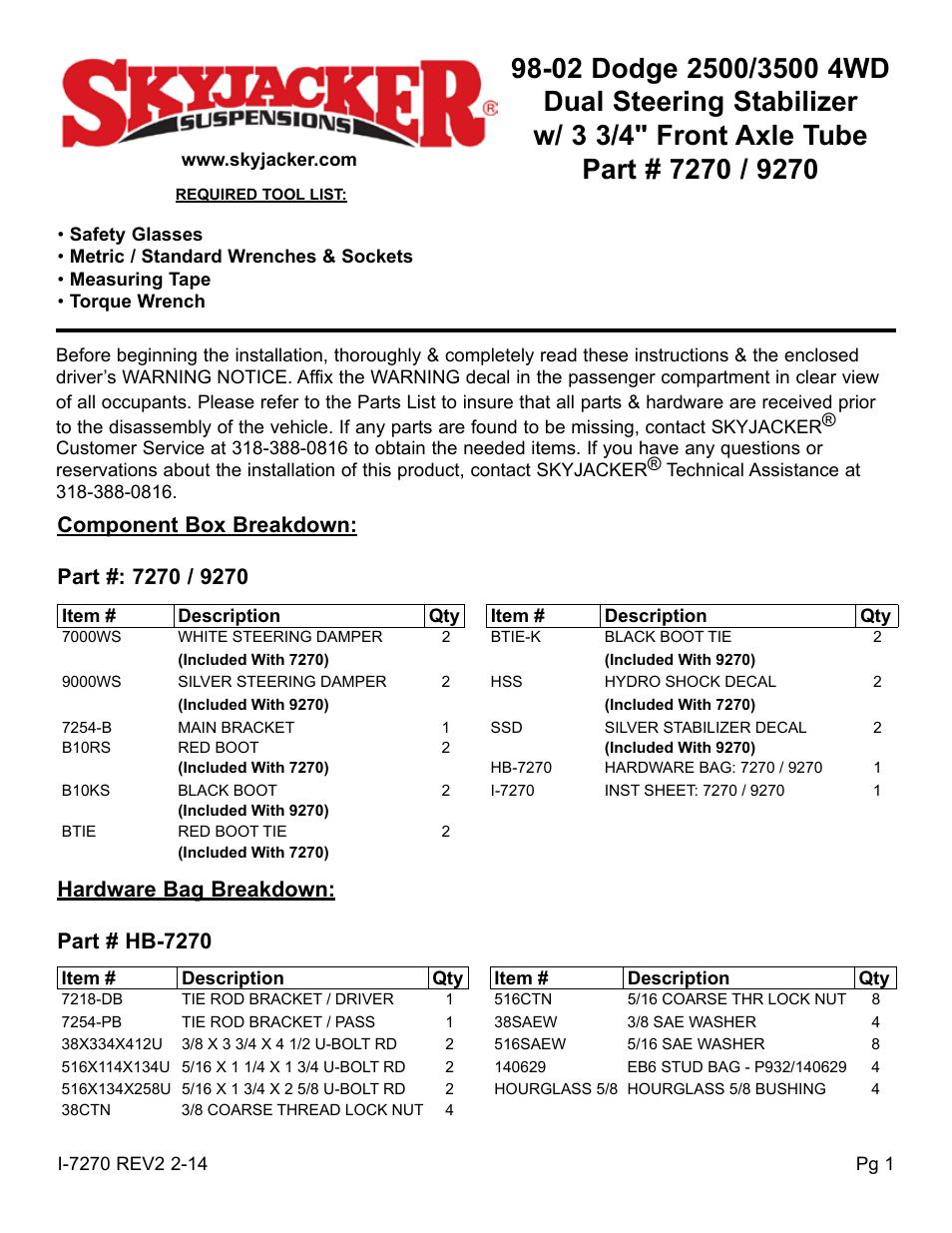 Skyjacker 9270 User Manual | 4 pages