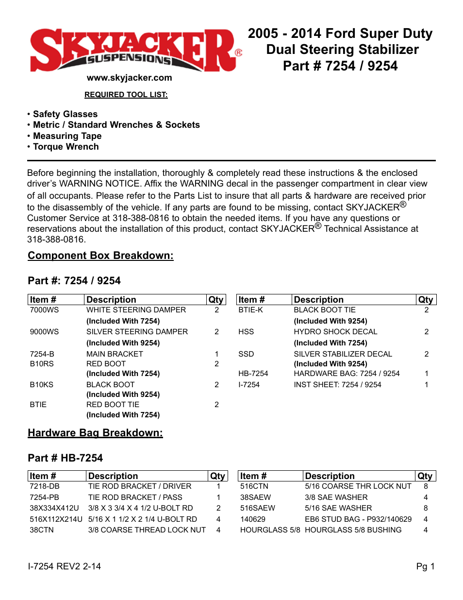 Skyjacker 9254 User Manual | 4 pages