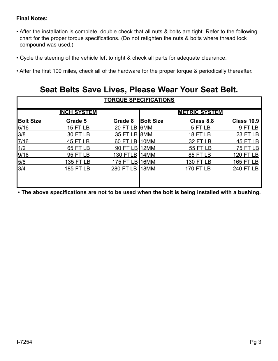 Seat belts save lives, please wear your seat belt | Skyjacker 9254 User Manual | Page 3 / 4