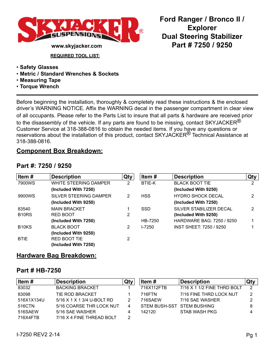 Skyjacker 9250 User Manual | 4 pages