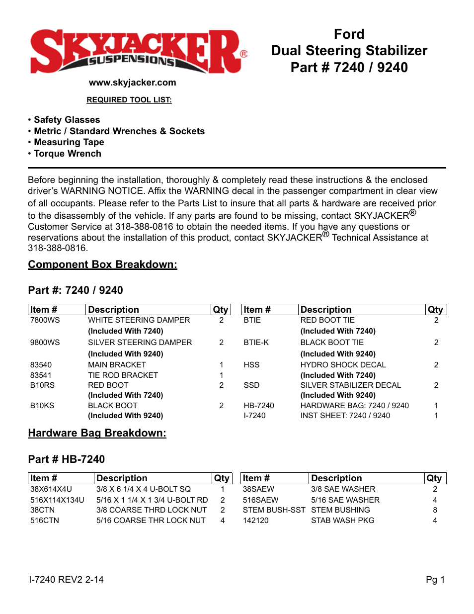 Skyjacker 9240 User Manual | 4 pages