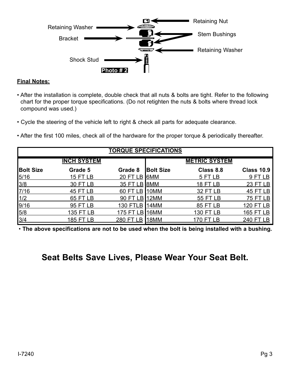 Seat belts save lives, please wear your seat belt | Skyjacker 9240 User Manual | Page 3 / 4