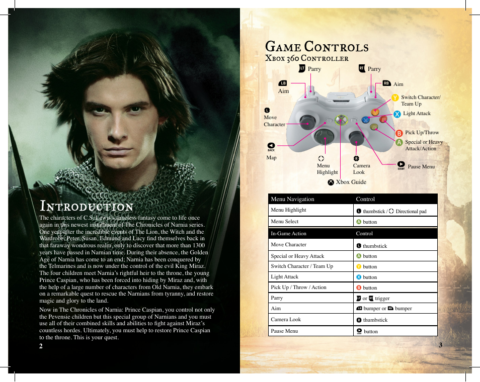 Game controls, Introduction, Xbox 360 controller | Disney Interactive Studios The Chronicles of Narnia: Prince Caspian for Xbox 360 User Manual | Page 3 / 7