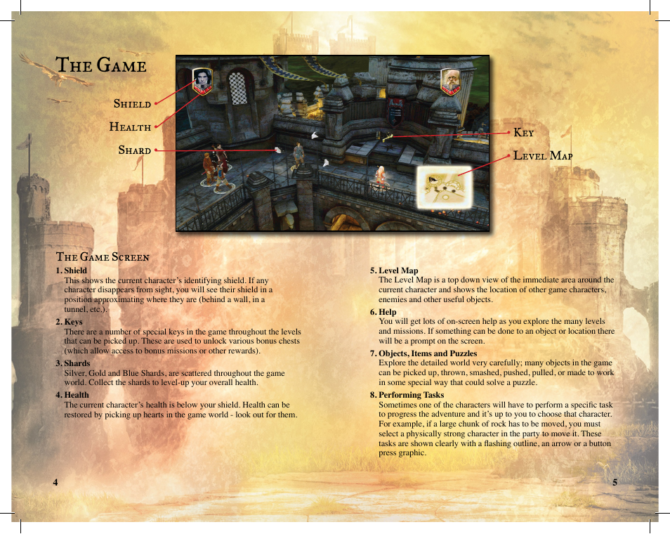 The game, The game screen, Key • level map shield • health • shard | Disney Interactive Studios The Chronicles of Narnia: Prince Caspian for Xbox 360 User Manual | Page 4 / 7