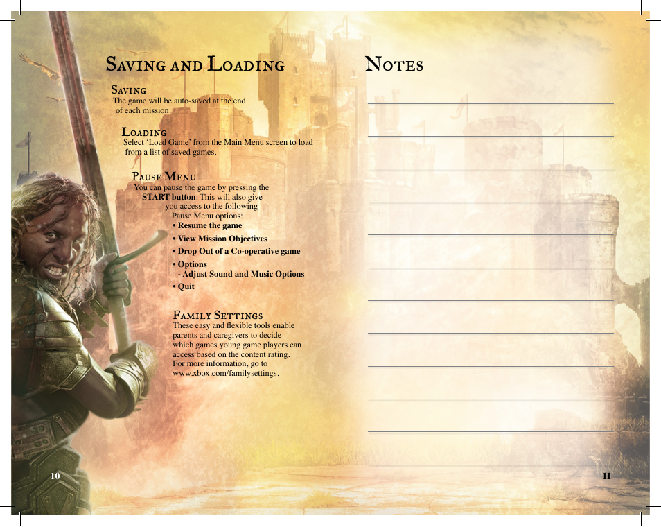 Saving and loading, Saving, Loading | Pause menu, Family settings | Disney Interactive Studios The Chronicles of Narnia: Prince Caspian for Xbox 360 User Manual | Page 7 / 7