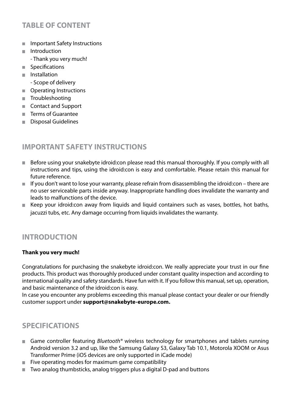 Table of content, Important safety instructions, Introduction | Specifications | Snakebyte SB906701_idroid_con User Manual | Page 2 / 11