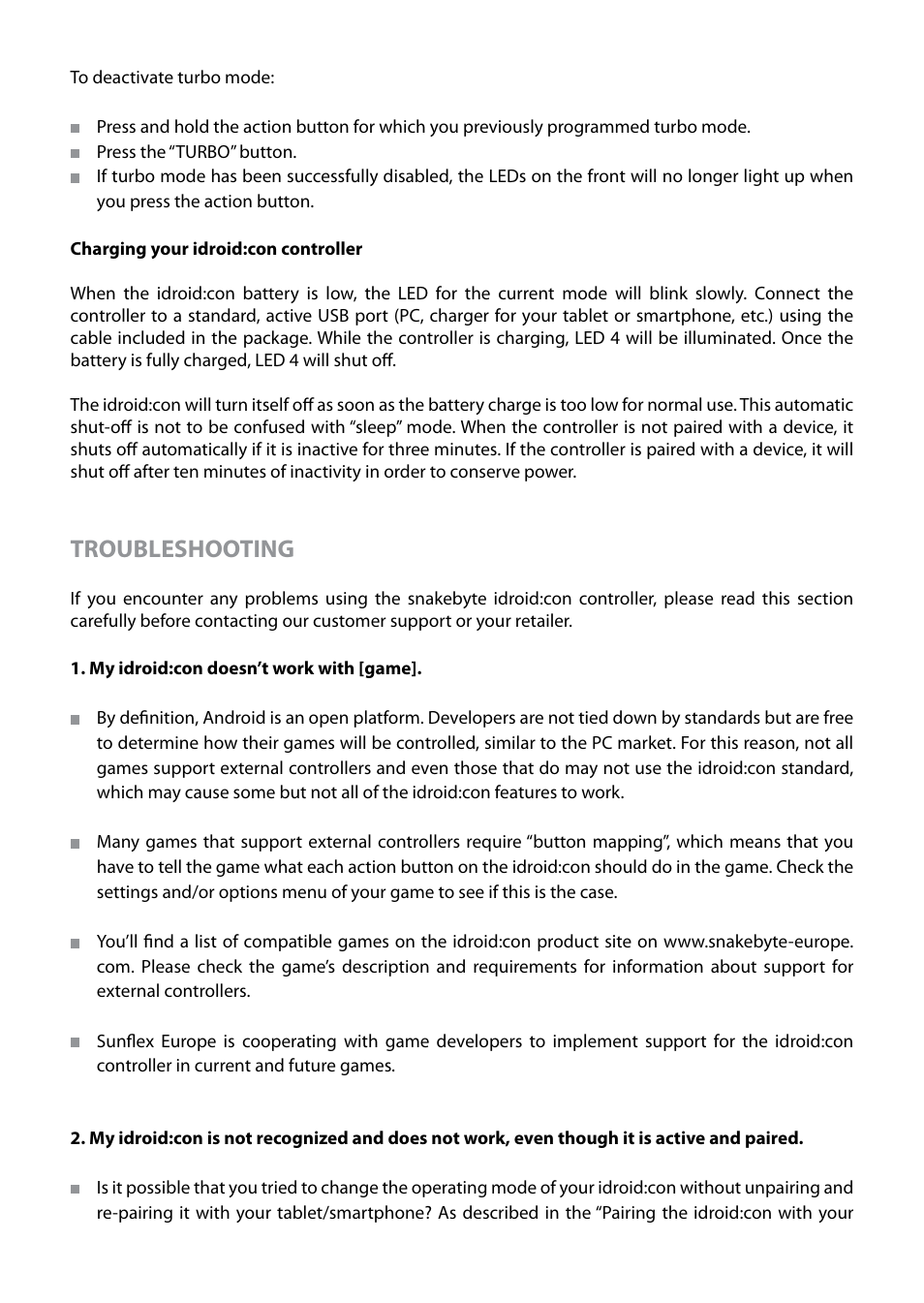 Troubleshooting | Snakebyte SB906701_idroid_con User Manual | Page 6 / 11