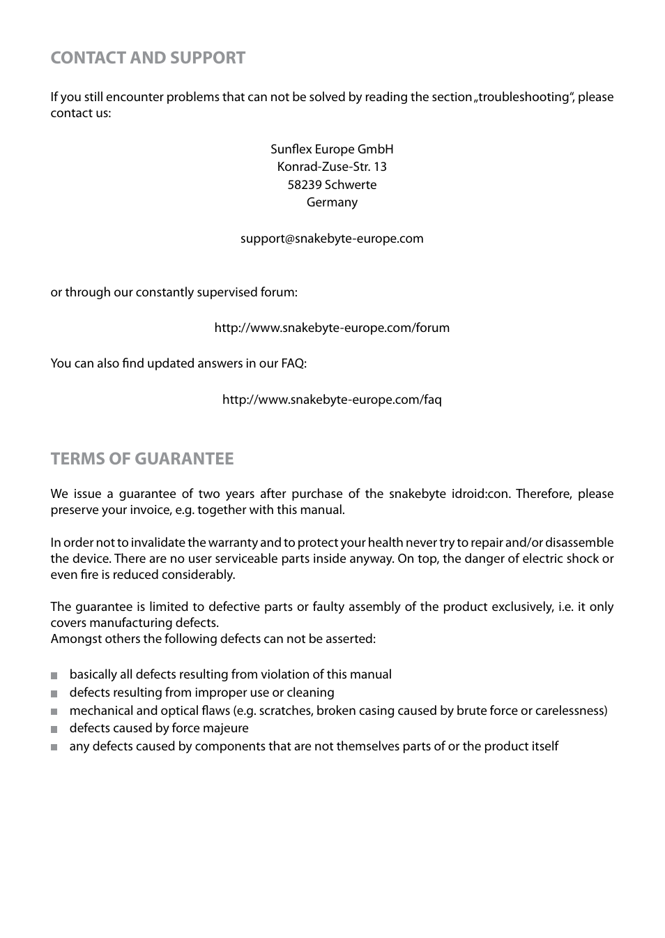 Contact and support, Terms of guarantee | Snakebyte SB906701_idroid_con User Manual | Page 8 / 11