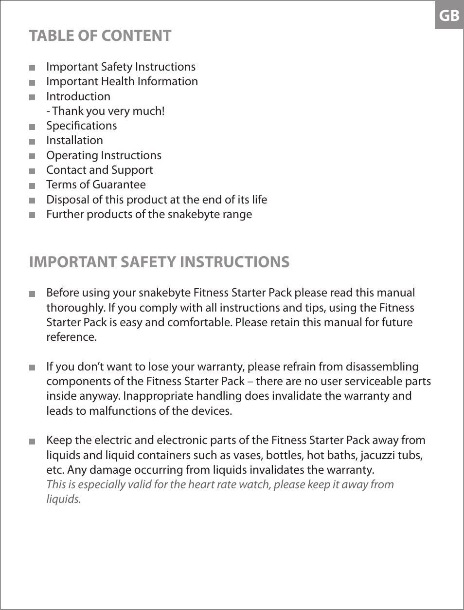 Gb table of content, Important safety instructions | Snakebyte Fitness Starter Pack User Manual | Page 2 / 10