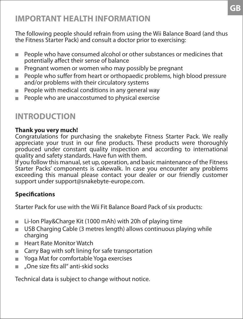 Gb important health information, Introduction | Snakebyte Fitness Starter Pack User Manual | Page 3 / 10