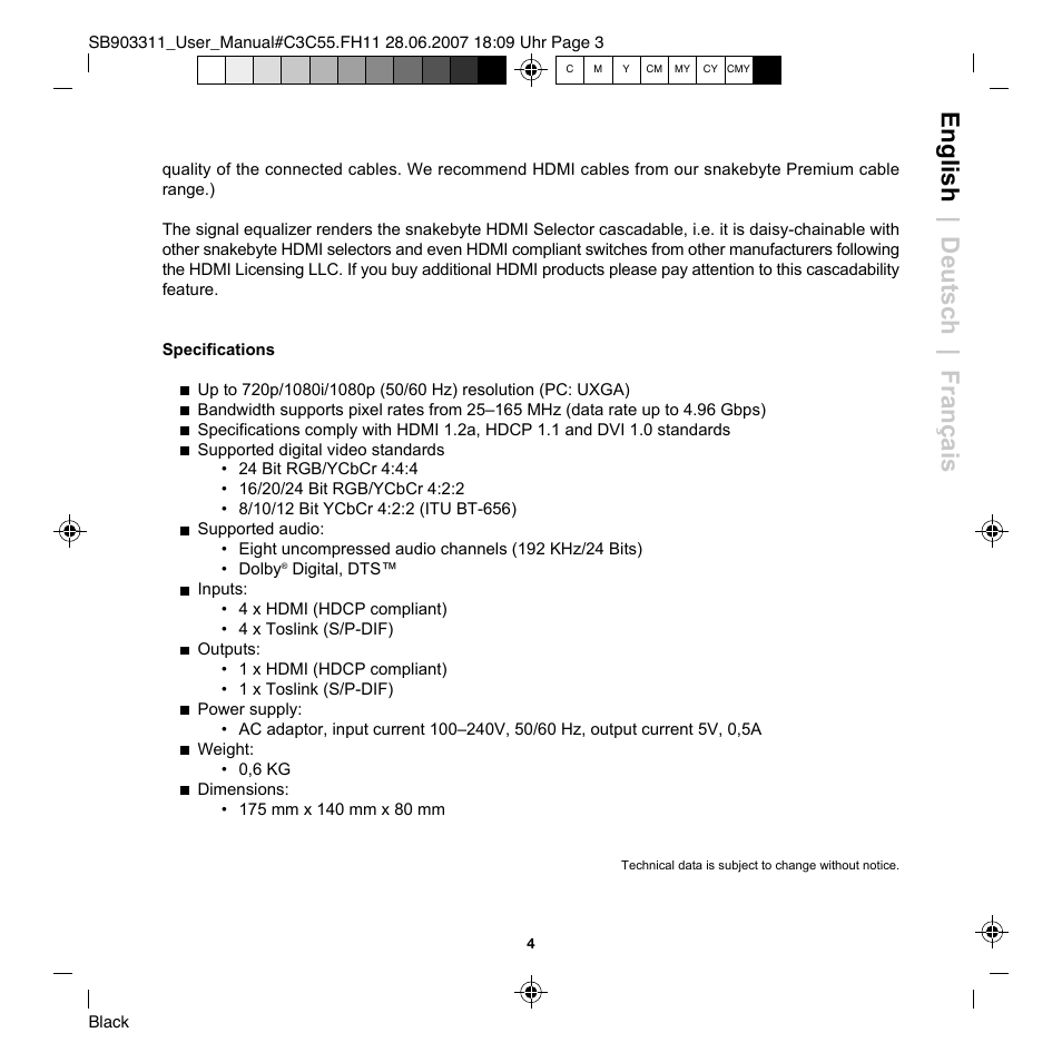 English | deutsch | français | Snakebyte Premium HDMI Selector User Manual | Page 6 / 14