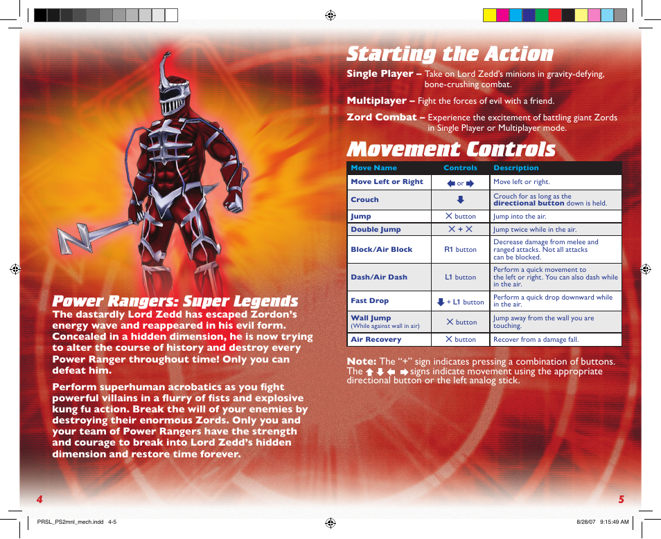 Starting the action, Movement controls, Power rangers: super legends | Disney Interactive Studios Power Rangers: Super Legends User Manual | Page 4 / 6