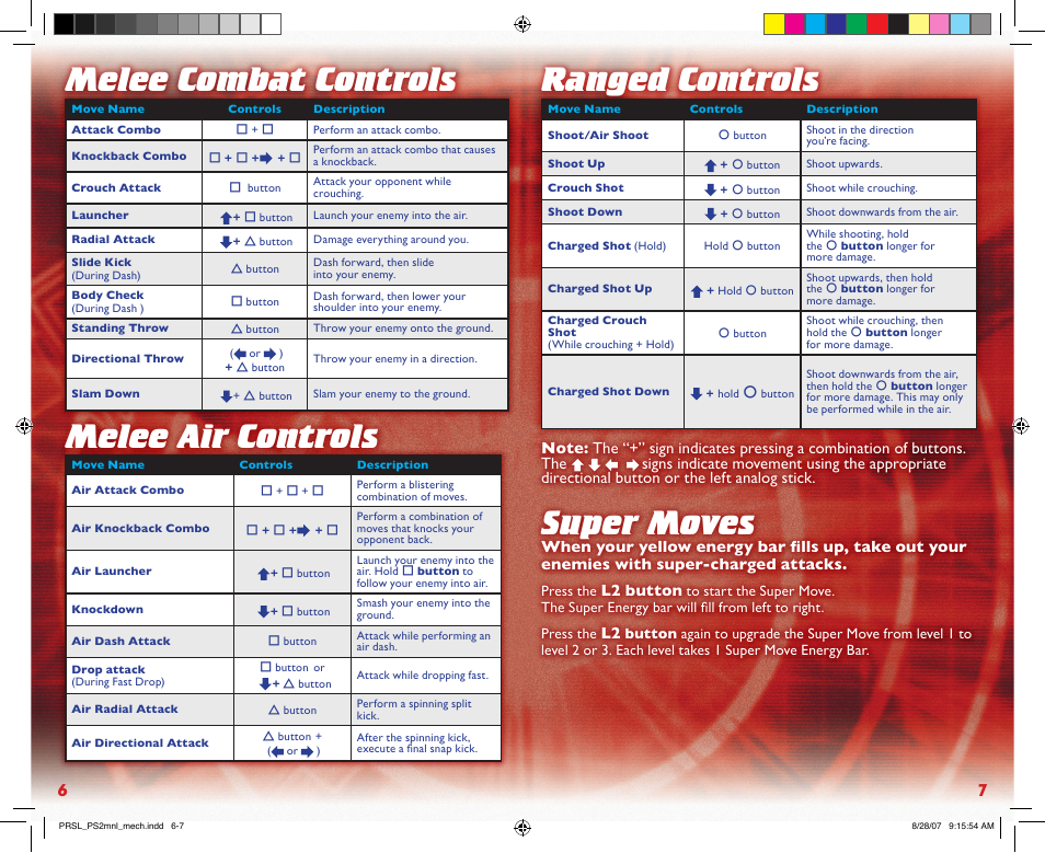 Melee combat controls, Melee air controls, Ranged controls | Super moves | Disney Interactive Studios Power Rangers: Super Legends User Manual | Page 5 / 6