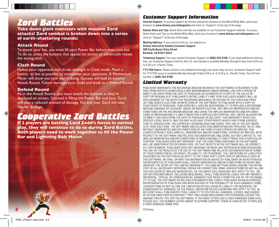 Zord battles, Cooperative zord battles, Customer support information | Limited warranty | Disney Interactive Studios Power Rangers: Super Legends User Manual | Page 6 / 6