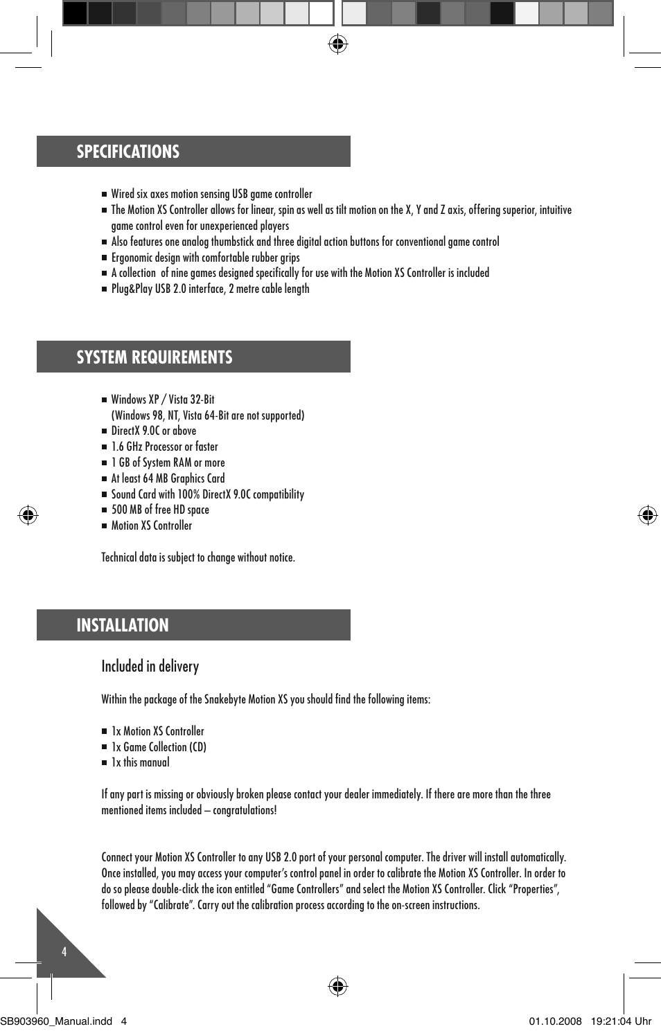 Specifications, System requirements, Installation | Included in delivery | Snakebyte MotionXS Games Collection User Manual | Page 3 / 10