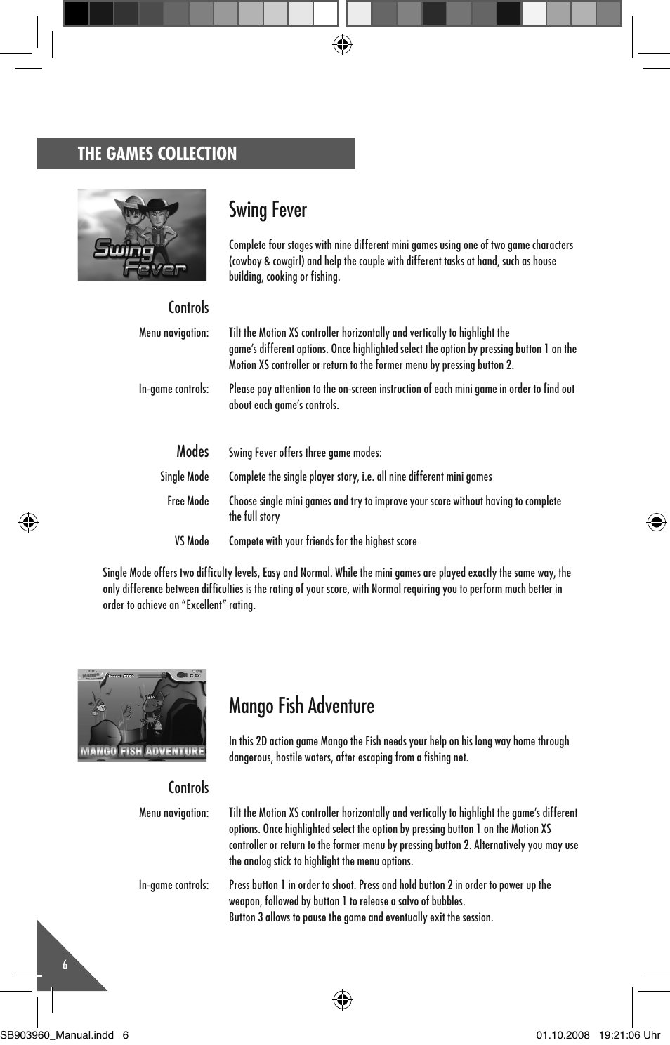 Swing fever, Mango fish adventure, The games collection | Controls, Modes | Snakebyte MotionXS Games Collection User Manual | Page 5 / 10