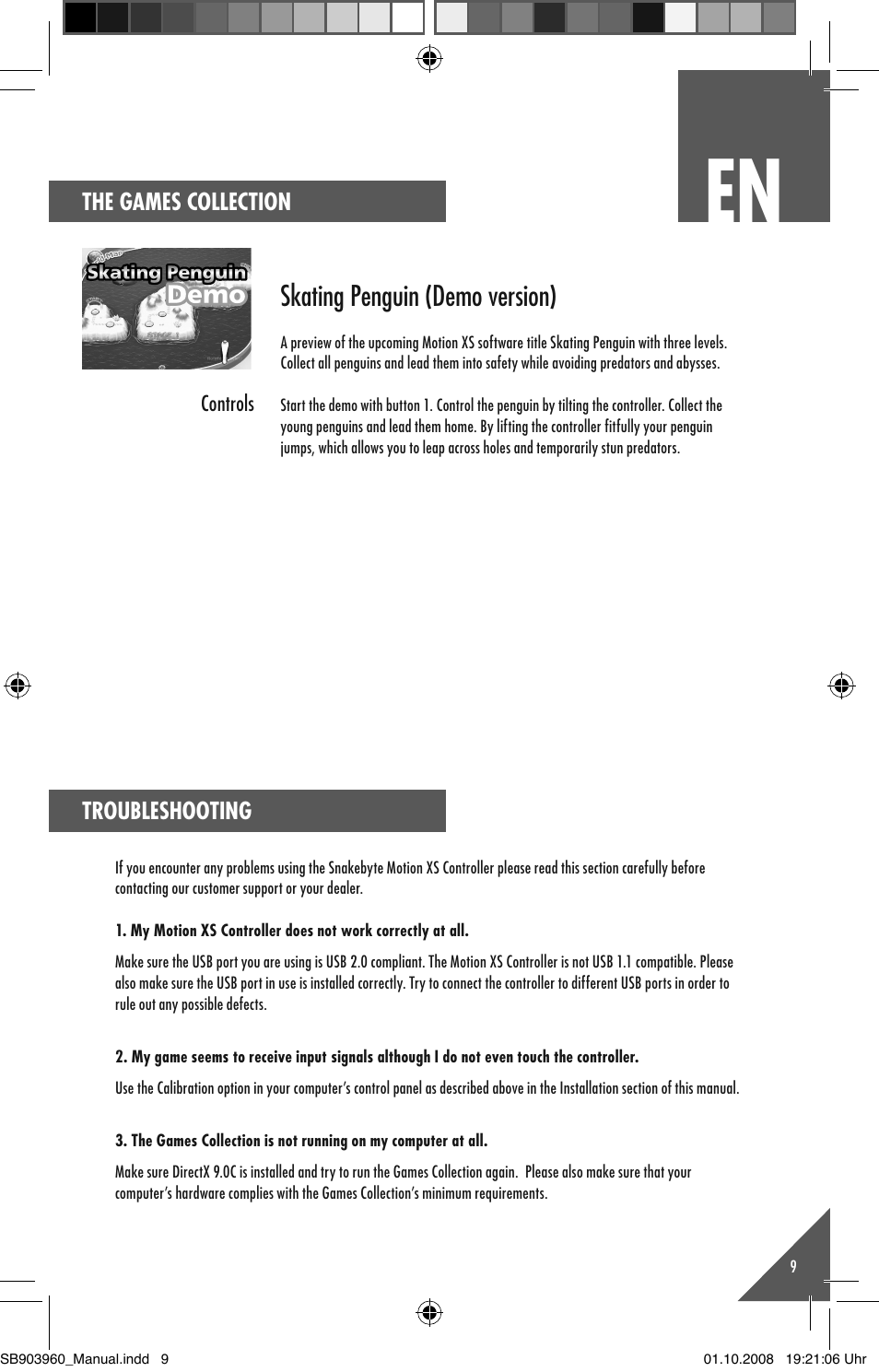 Skating penguin (demo version), The games collection, Troubleshooting | Snakebyte MotionXS Games Collection User Manual | Page 8 / 10