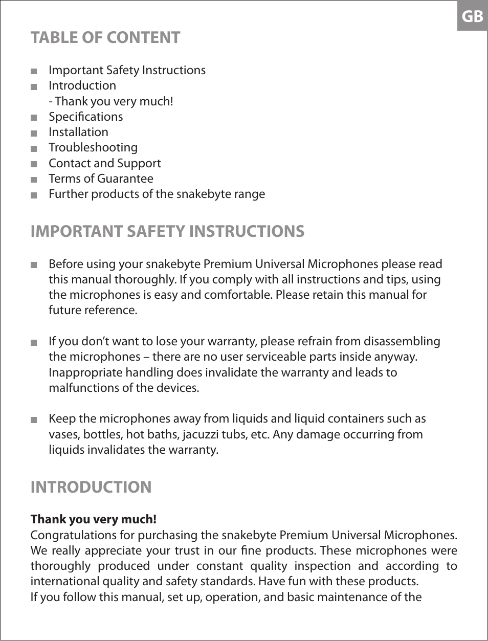 Gb table of content, Important safety instructions, Introduction | Snakebyte Premium Universal Microphones User Manual | Page 3 / 10