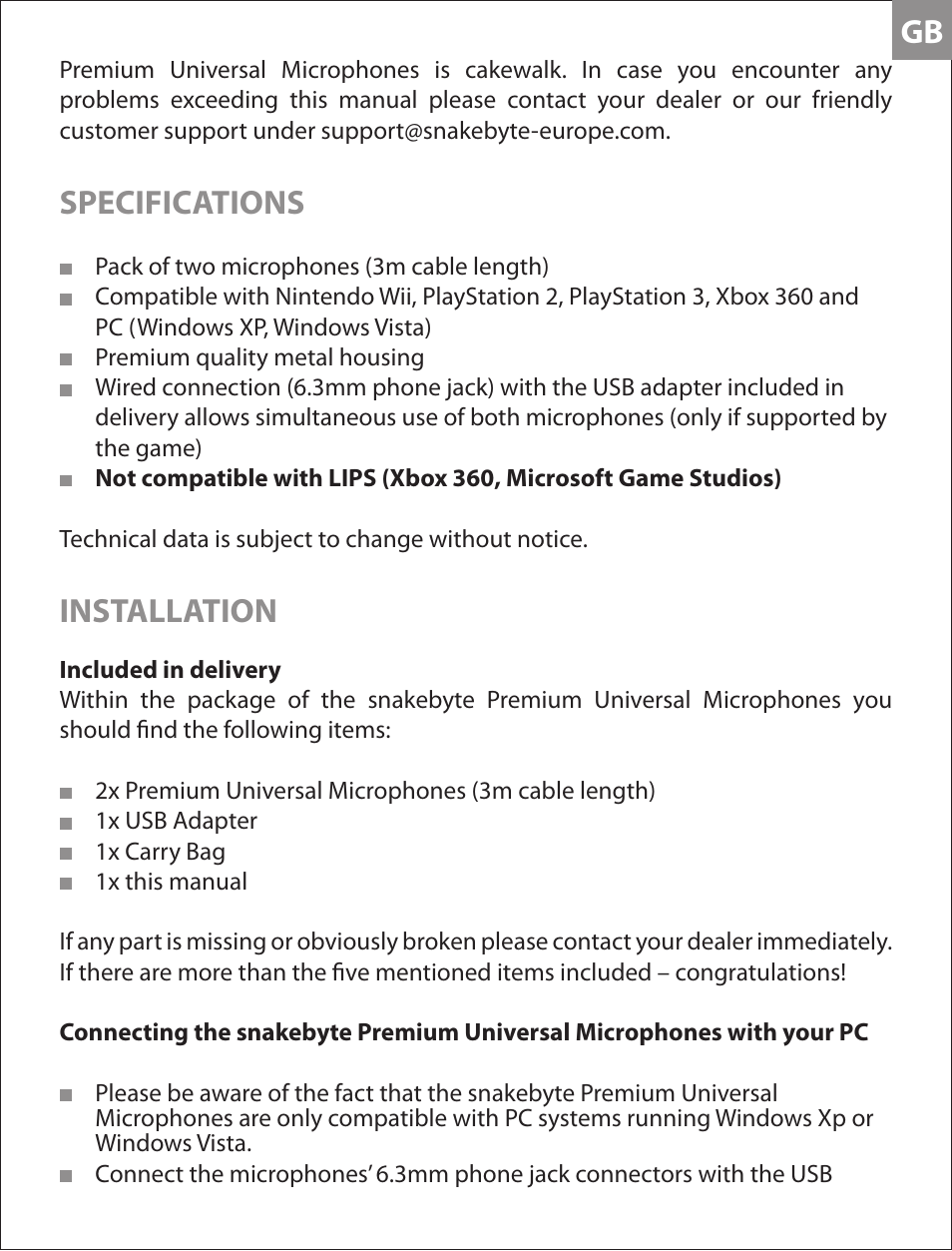Specifications, Installation | Snakebyte Premium Universal Microphones User Manual | Page 4 / 10