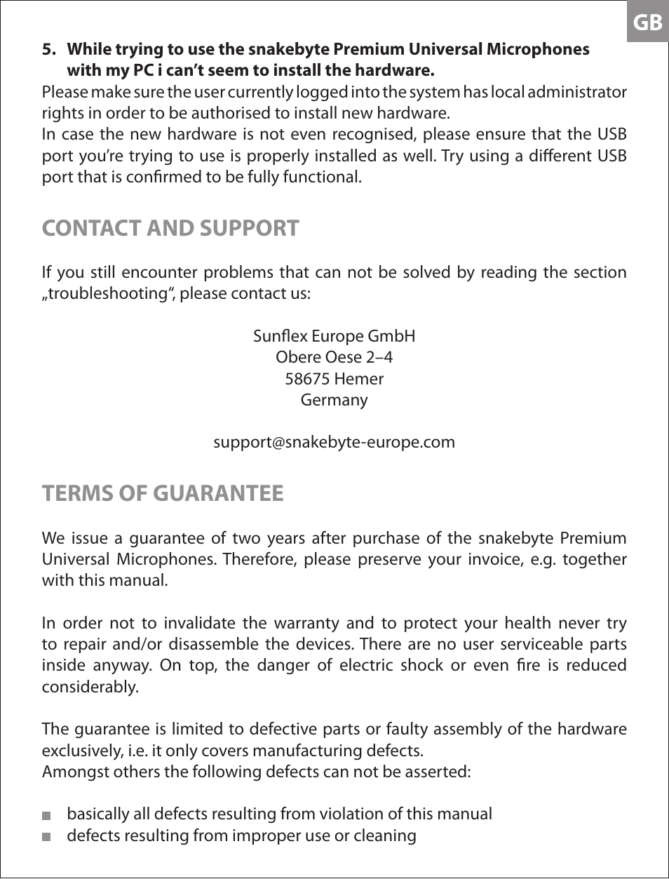 Contact and support, Terms of guarantee | Snakebyte Premium Universal Microphones User Manual | Page 8 / 10