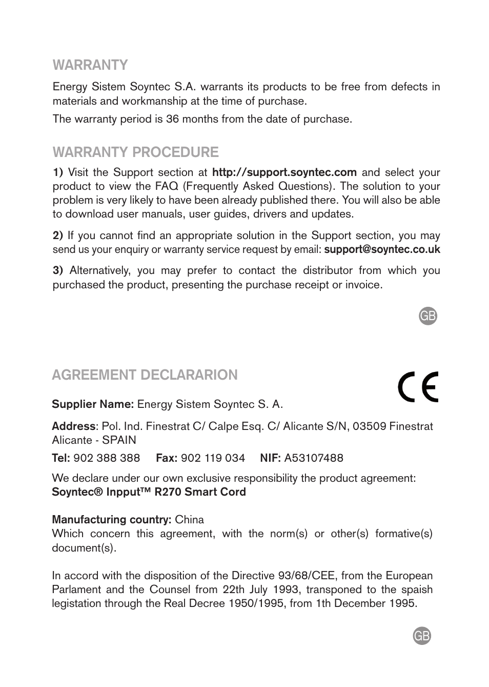 Warranty, Warranty procedure, Agreement declararion | Soyntec INPPUT R270 User Manual | Page 2 / 2