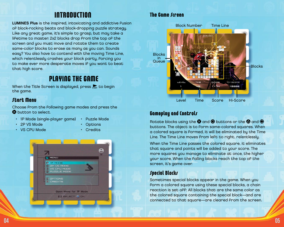 Introduction, Playing the game, The game screen gameplay and controls | Special blocks, Start menu | Disney Puzzle Fusion: Lumines Plus for PlayStation 2 User Manual | Page 4 / 7